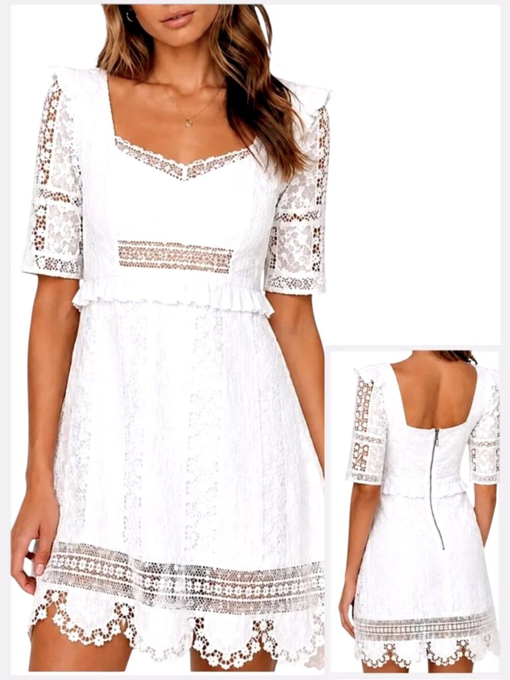 For Love & Lemons Amandine Mini Dress Ivory Embroidered Lace XS